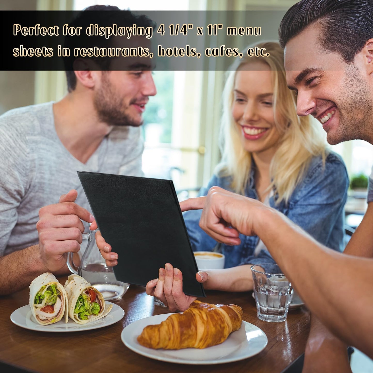 FLKQC Menu Covers 4.25" x 11" – 5 Pack 1 View Black PU Leather Restaurant Menu Holders, Single Panel with Angled Corners for Food Menus, Wine Lists & Drink Specials & Cocktail, Perfect for Parties