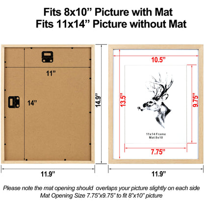 Yaetm 11x14 Wood Picture Frame with Mat for 8x10 Set of 4, Natural Solid Oak Wood 11x14 Frame with Tempered Glass for Horizontal and Vertical Wall Mounting (4 pack, Oak)