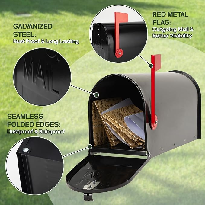 RAINHOL Black Metal Mailboxes for Outside Post Mount, Standard Mail Box, Galvanized Steel Heavy Duty Mailbox, Medium Capacity, 19 x 8.7 x 6.7 inches