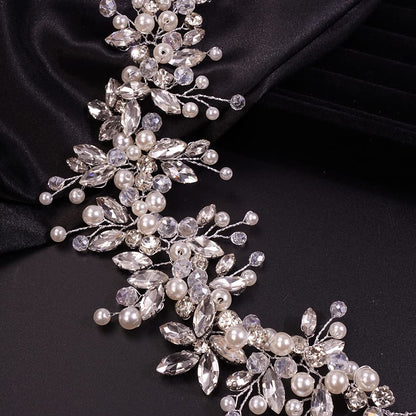 Teyglen Dainty Rhinestones Pearls Crystal Large Headband Vine Handmade Bridal Flower Headband Wedding Hair Accessories for Brides Hair Pieces Gold Silver Headpieces for Women Girl (Silver)