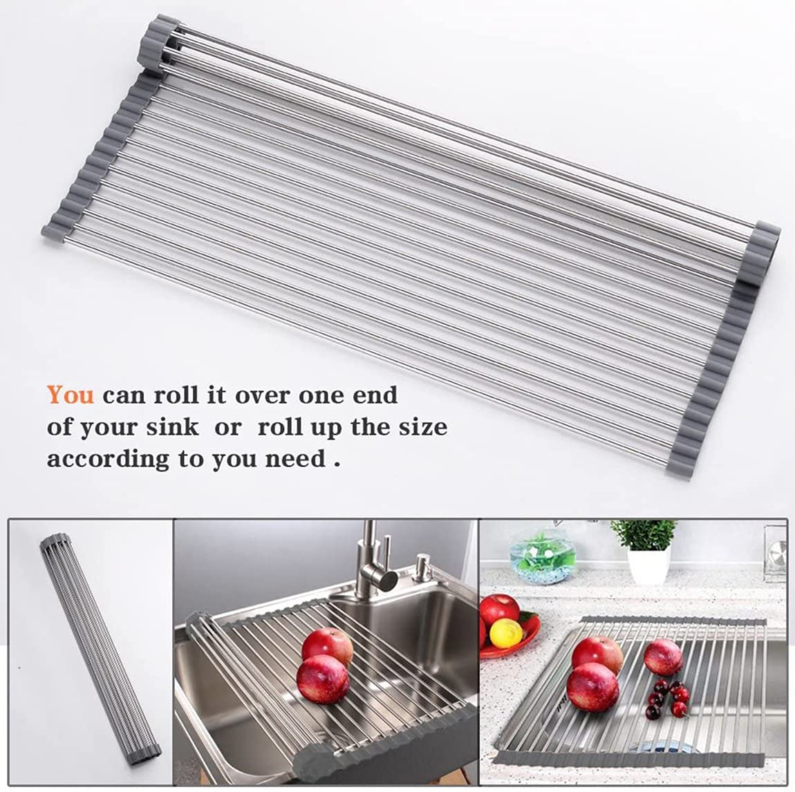 Ahyuan Roll up Dish Drying Rack Over The Sink Kitchen Roll up Sink Drying Rack Portable Dish Drainer Foldable Dish Drying Rack (Warm Gray, 17.8''X17'')