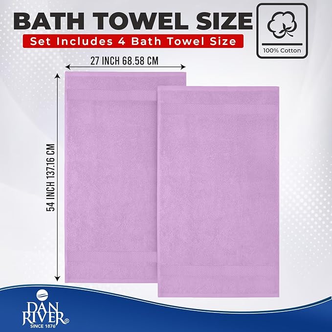 DAN RIVER Bath Towels Set of 4, 27 x 54 Inches, 100% Cotton, Larger & Lighter