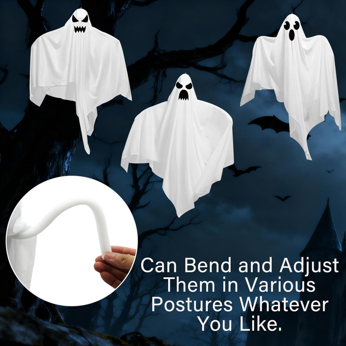 4 Pack 31.5" Halloween Hanging Ghosts, Cute Flying Ghost Halloween Party Decorations for Front Yard Patio Lawn Garden Holiday Decorations