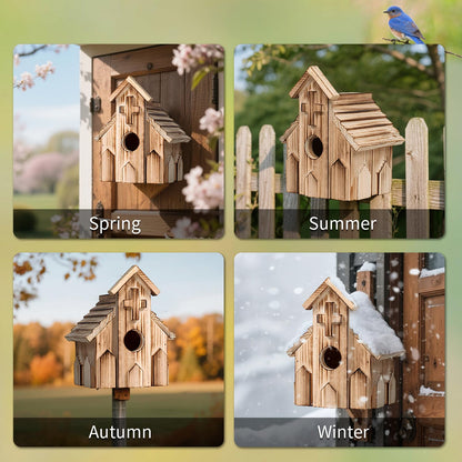 NATUREYLWL Church-Shaped Wooden Birdhouses, Cross Design Bird Houses for Outside, Hanging Birdhouse for Bluebird, Robin, Cardinal, Sparrow, and Finch, Bird Nesting Box for Outdoor Garden Decoration
