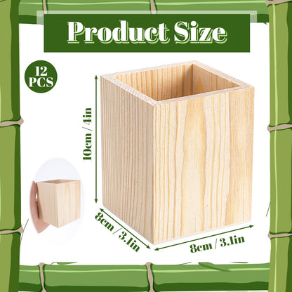 12 Pack Wood Pen Holder Unfinished Pine Wood Pencil Cup for DIY Crafts, Office Desk Organizer, 3 x 3 x 4 Inch Natural Square Wooden Holder for Pens Markers Scissors