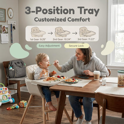 Mallify 3-in-1 Wooden High Chair, Convertible High Chairs for Babies and Toddlers, Baby Highchair with Adjustable Legs & Dishwasher-Safe Tray, Sleek Hardwood & Premium PU Cushion, Beige