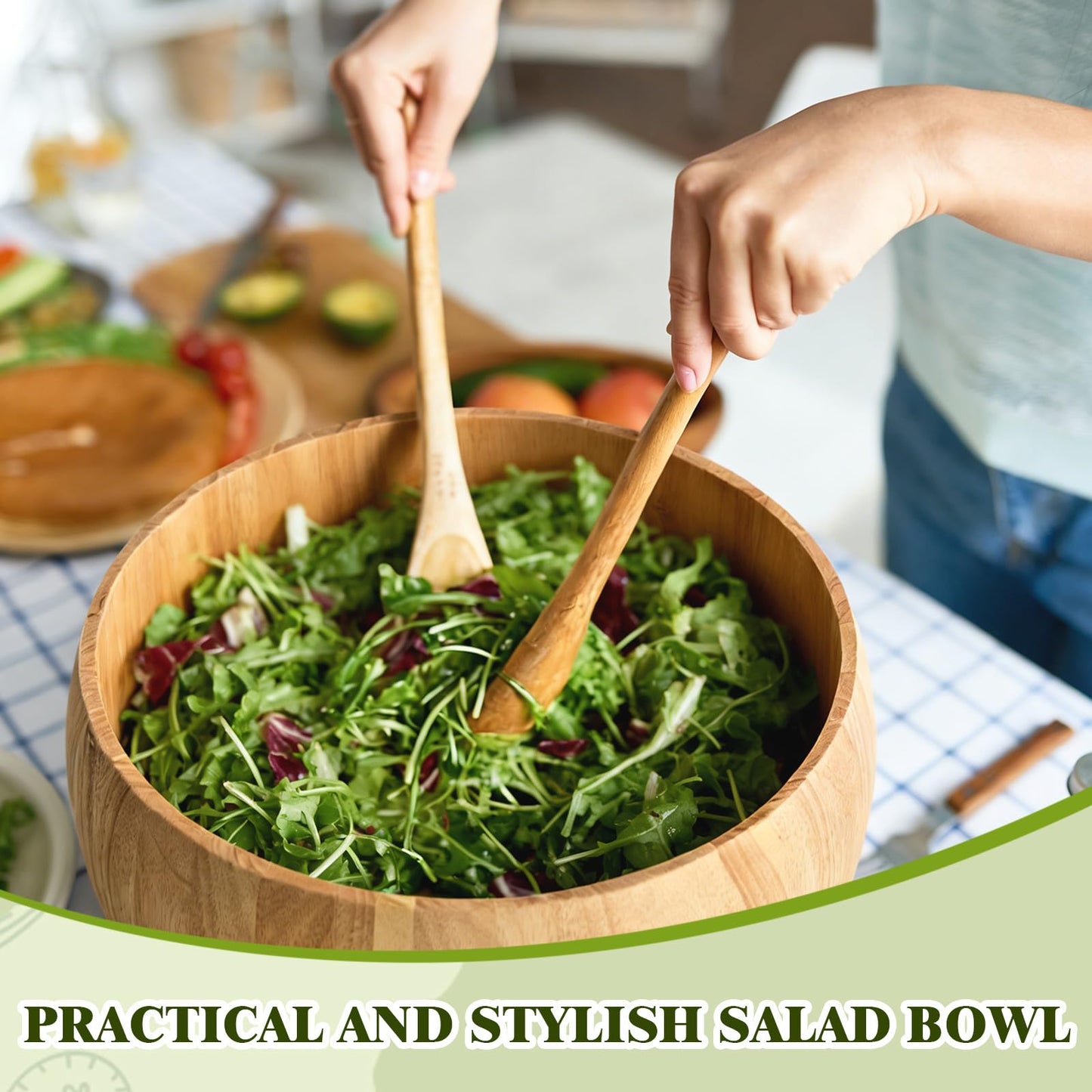 Yiyiring 15 x 5 Inch Exra Large Wood Salad Bowl Wide Large Wood Bowl for Mixing Salad Cut Fruits Pasta Snacks Food Dishes Restaurant Kitchen Countertop Decorative Handcrafted Home Wedding Party