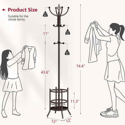 Tajsoon Coat Rack Stand with Umbrella Holder, Coat Tree Freestanding with 16 Hooks, Coat Hangers Stand for Living Room, Bedroom, Office, Brown
