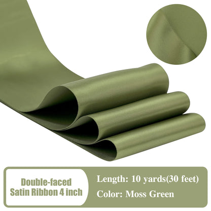 HUIHUANG Moss Green Satin Ribbon - 4 inch Wide, Double Face, Thick, 10 Yards/Roll for Wedding Party Supplies, Chair, Cake Decor, Large Bows, Flower Bouquet, Sewing, Crafts
