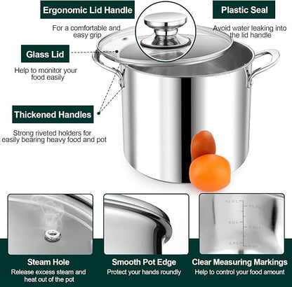 P&P CHEF 10 Quart Stainless Steel Stock Pot with Lid, Large Stockpot for Cooking Pasta Soup, Cookware for Induction Gas Electric Stoves, Visible Lid & Measuring Markings, Dishwasher Safe