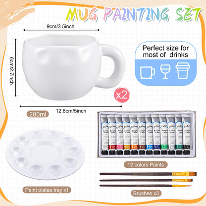 Geiserailie Pottery Painting Kit for Adults, Paint Your Own Mug DIY Set with 2 Ceramic Mugs, 12 Acrylic Paints & Brushes Painting Gift for Easter Graduation Mother's Day Party(Petal-Shaped Mouth)