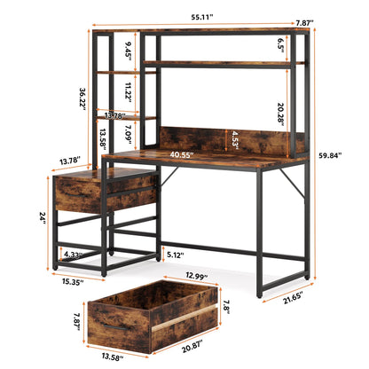 Tribesigns 55 Inch Computer Desk with 2 Drawers and Storage Shelves, Rustic Office Desk with Hutch, Study Writing Gaming Table Laptop Workstation for Home Office (Brown)