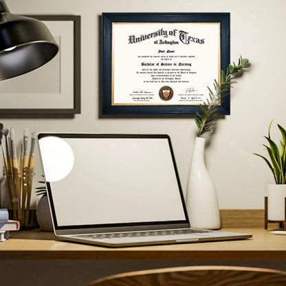 GMFrames 8.5x11 Wood Diploma Frame, Tempered Glass, Rustic Black Finish with Gold Trim