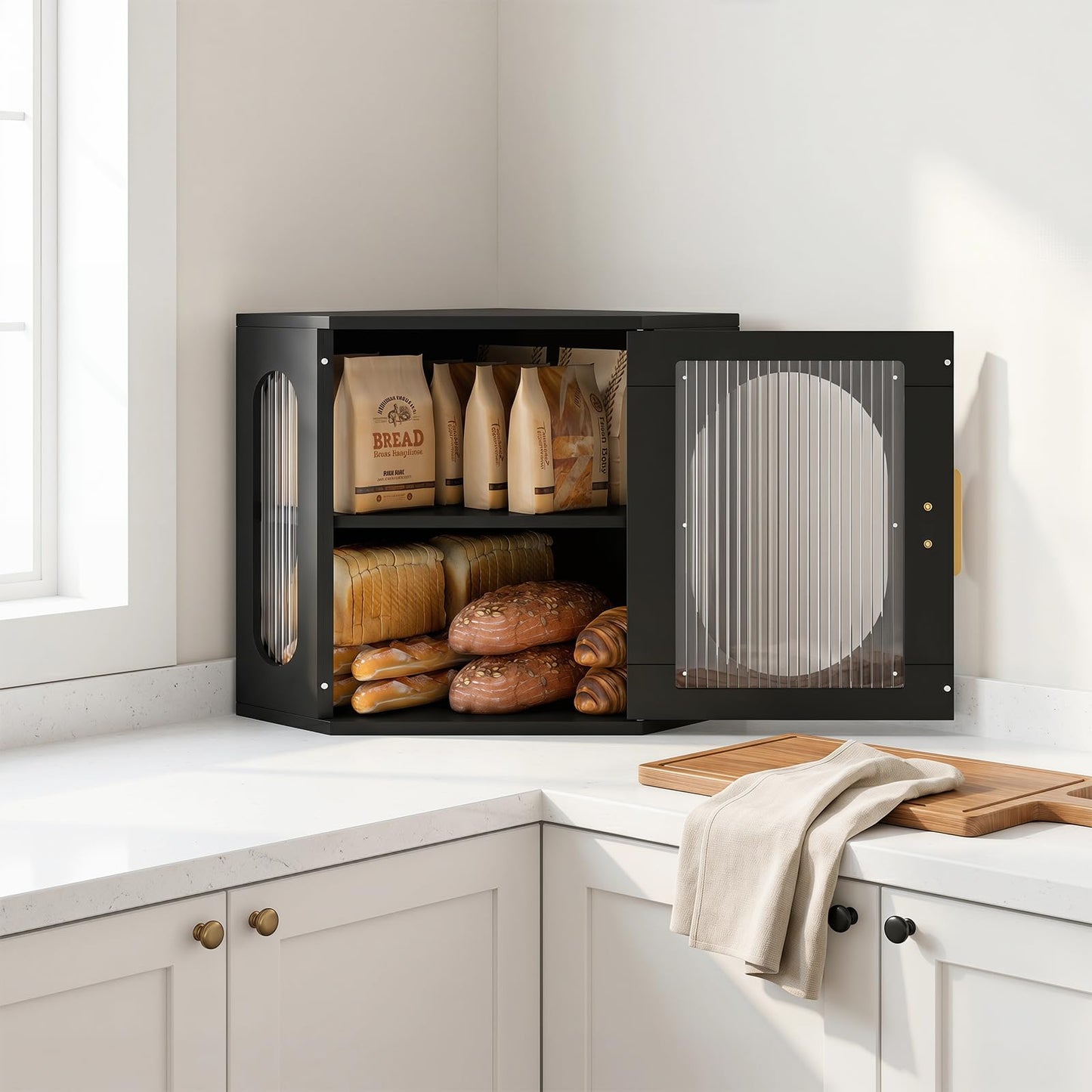 Alpeir Corner Bread Box, Double Layer Large Storage Capacity, Black
