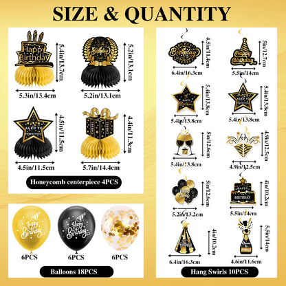 Black Gold Birthday Decorations for Men Women, Pre-Strung Happy Birthday Banner with Backdrop, Balloons,Honeycomb Centerpieces & Streamers Kit