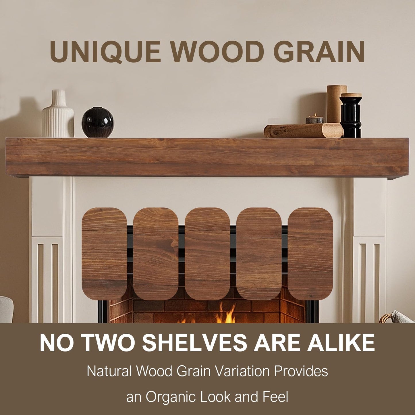 GoCampDirect Fireplace Mantle Shelf - 54×8×5Inch Handcrafted Wall Floating Mantel Shelf for Over Fireplace - Rustic Traditional Wooden Fireplace Mantels with Invisible Heavy Duty Wood Bracket