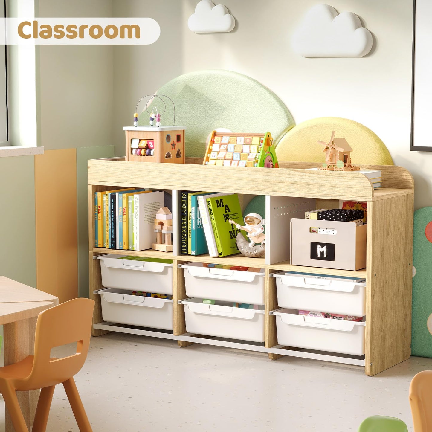 6-Plastic Storage Bins Wooden Storage Containers, Cube Toy Storage Box Organizer with Side Pegboard & Compartments, Drawers for Home Office, Dormitory, Classroom, Craft Room, Playroom Storage(White)
