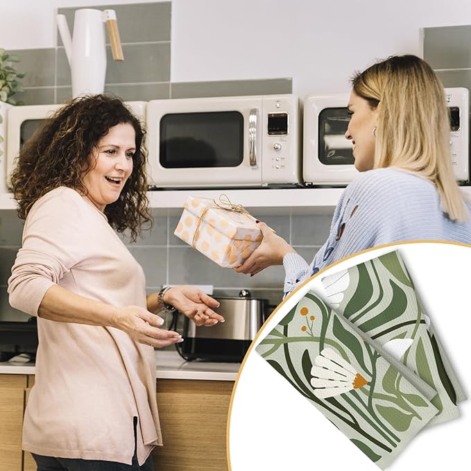 Abstract Boho Sage Green Floral Kitchen Towels Set of 2, 70s Retro Groovy Boho