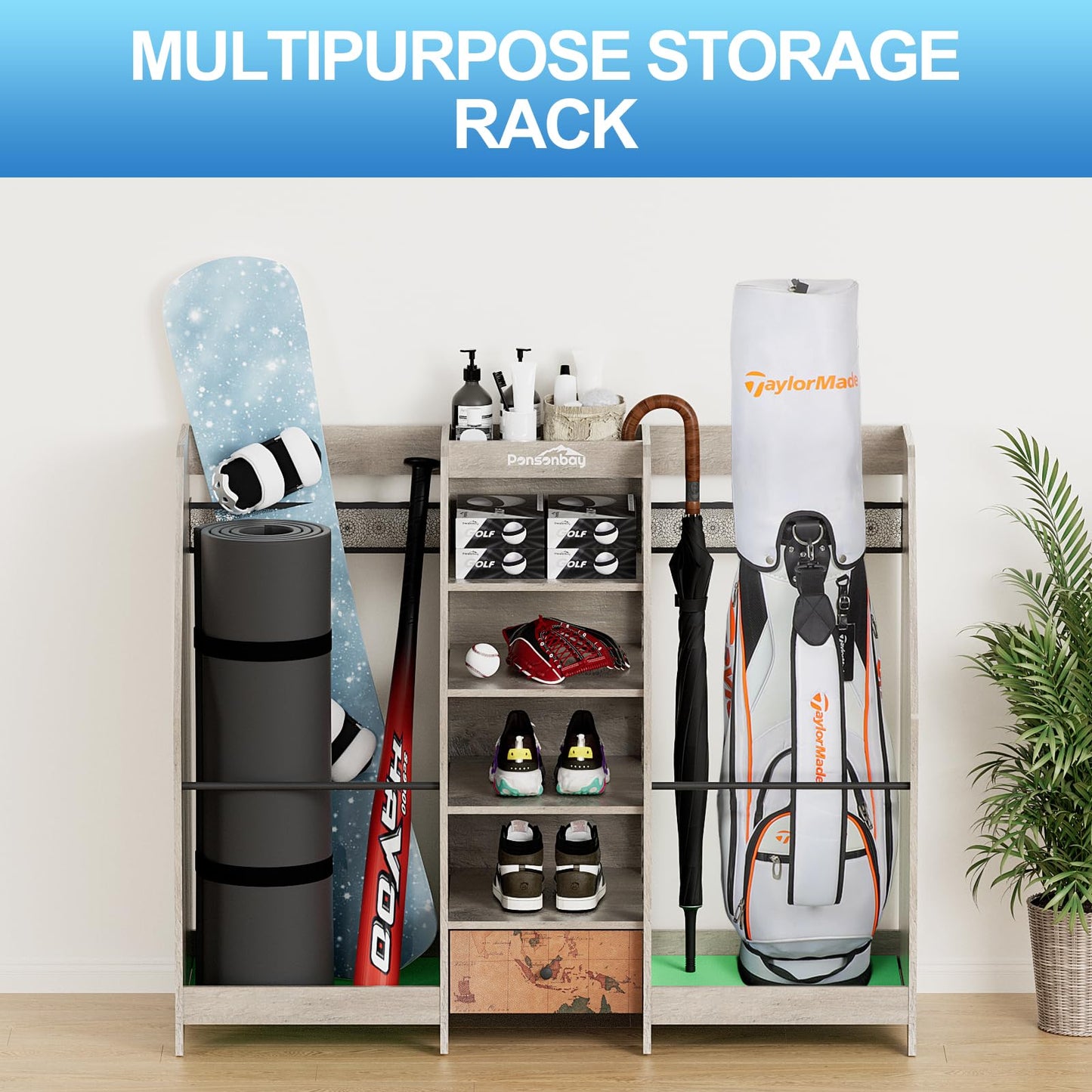 Ponsonbay Golf Bag Storage Organizer for Garage, Premium Wooden 2 Golf Bags Rack with Drawer, Easy Assemble Golf Club Stand/Holder Suitable for Garage Home Simulator and Office