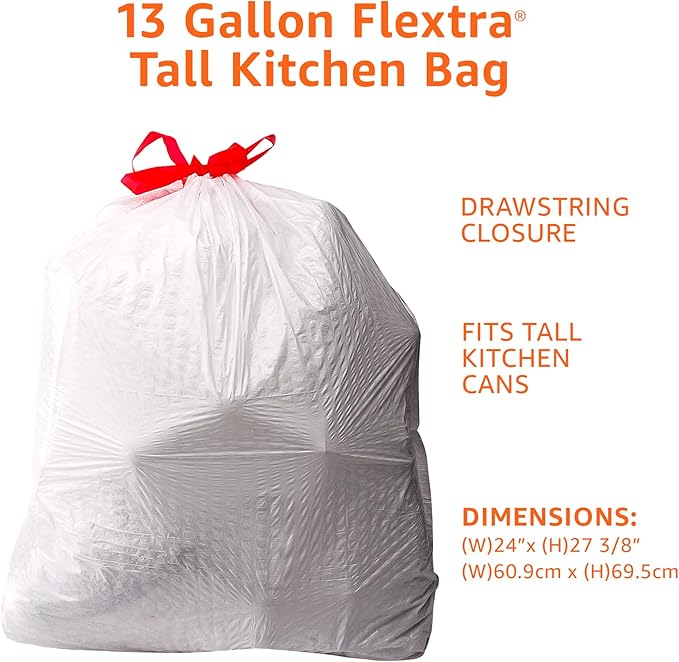 Amazon Basics 13 Gallon Tall Kitchen Drawstring Trash Bags, Flextra Strength
