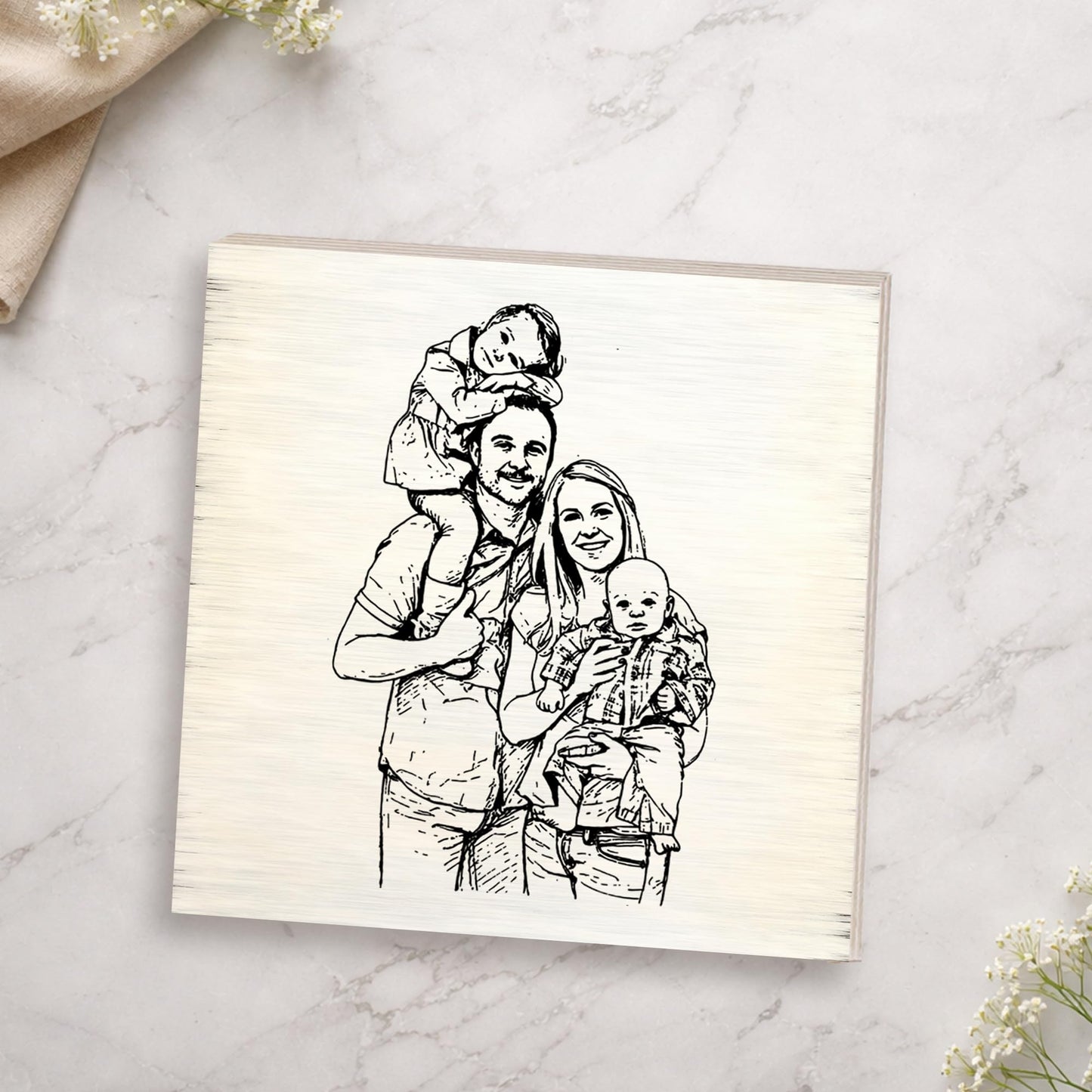 Personalized Sketch Photo Wooden Block Sign, Custom Hand Drawn Family Portrait from Photo, Meaningful Keepsake Shelf Sitter Home Decor Gift for Parents Grandparents