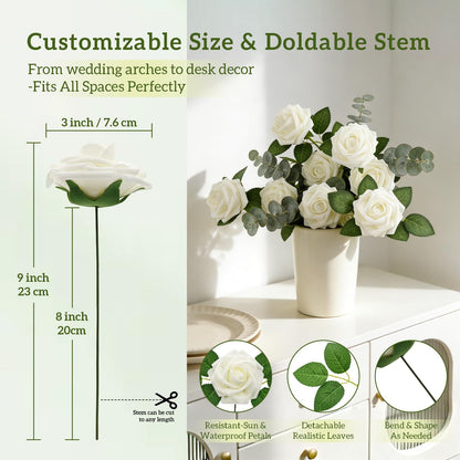 VevlaGreo 25Pcs Artificial Flowers Foam Fake Roses Ivory White with Stems,for DIY Wedding Bouquets White Bridal Shower Centerpieces Arrangements Party Tables Decorations and Home Decorations