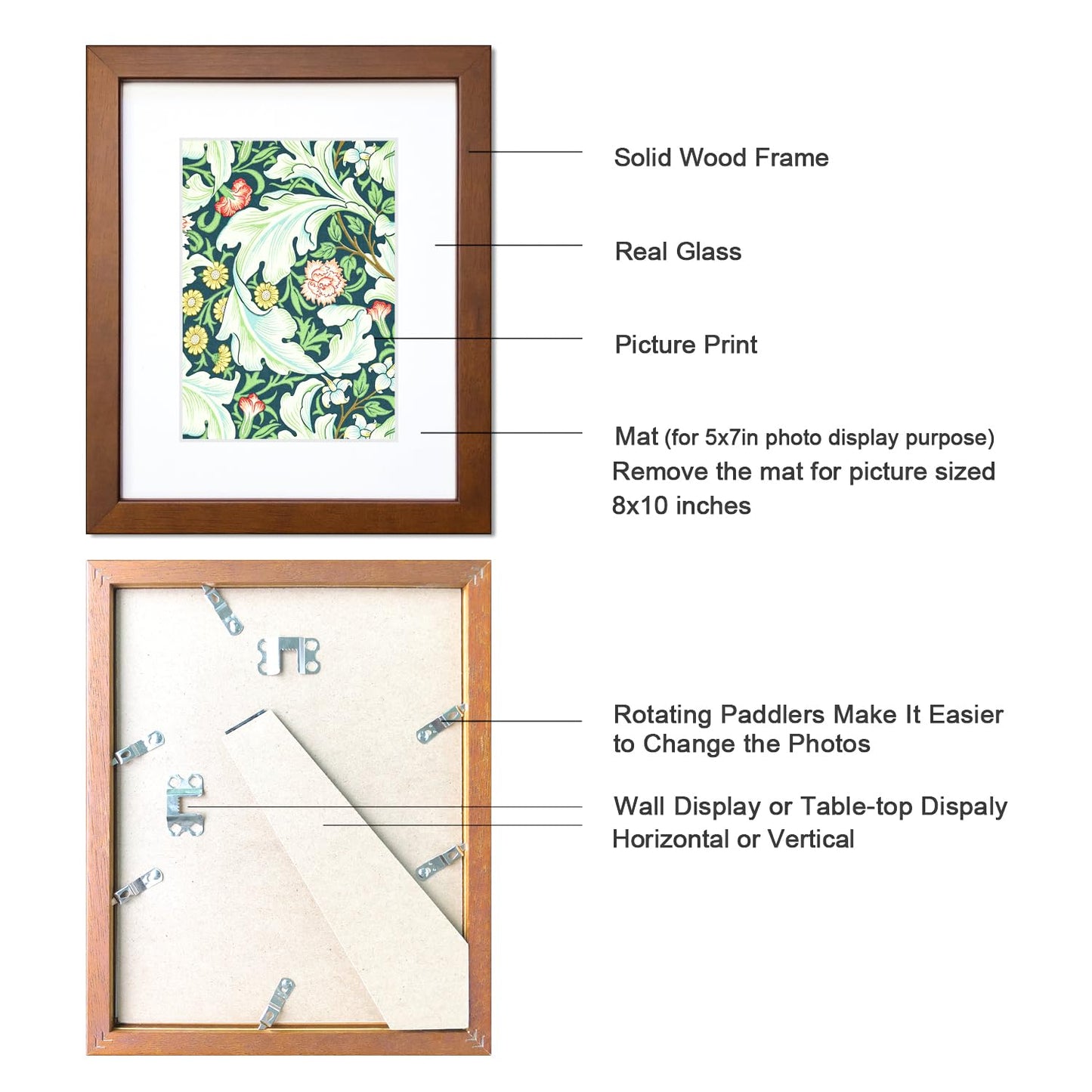 DEKWINN 8x10 Picture Frame Set of 4 Made of Solid Wood Photo Frame with Real Glass for Pictures 5x7 with Mat or 8x10 Without Mat, Wall Gallery or Tabletop display Picture Frames, Brown