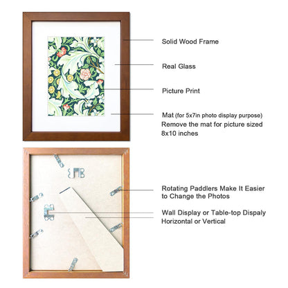 DEKWINN 8x10 Picture Frame Set of 4 Made of Solid Wood Photo Frame with Real Glass for Pictures 5x7 with Mat or 8x10 Without Mat, Wall Gallery or Tabletop display Picture Frames, Brown