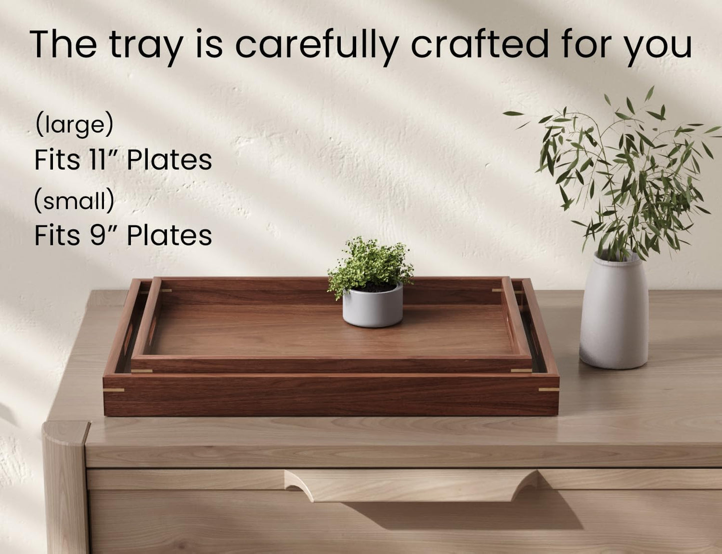 Fibogollo Set of 2 Walnut Wooden Serving Tray with Handles,Decorative Trays Platter,Breakfast Tray in Bed,Large Coffee Table Tray, Food Drinks Trays for Eating,Working,Storing