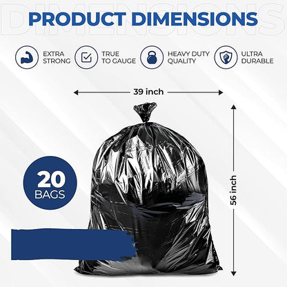 55 Gallon Large Trash Bags 20 Black Contractor Garbage Bags | Heavy Duty Lawn