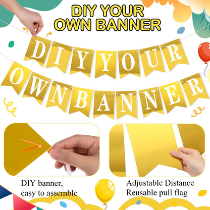 Mooliwe 171 Pcs DIY Custom Banner Kit Make Your Own Customizable Sign for Birthday Wedding Party Decoration Include 20 Paper Pennant 148 Letters and Numbers Rope Threading Device(Mirror Gold)