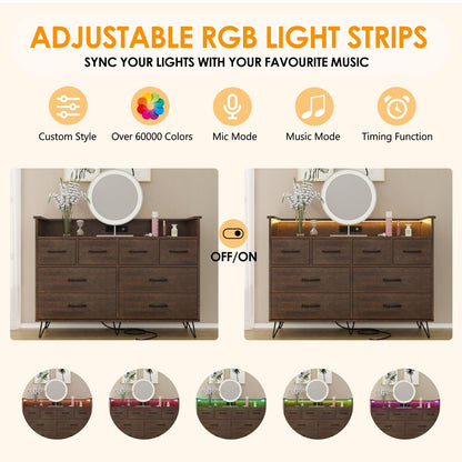 Hetoy Wooden Dressers for Bedroom with 8 Storge Drawers & LED Lights and Charging Station, Brown Wood Chest of Drawers, Modern Deep Drawers Organizer for Closet, Living Room Hallway, Entryway