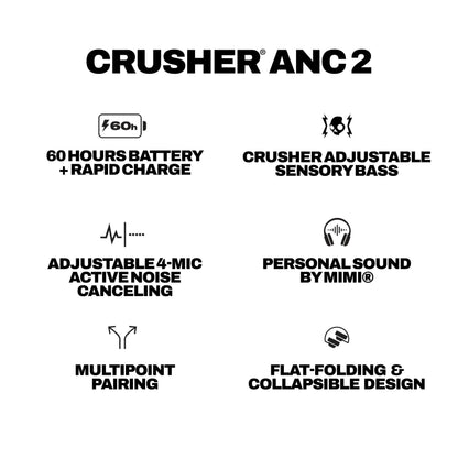 Skullcandy Crusher ANC 2 Wireless Over-Ear Bluetooth Headphones with Multi-Sensory Bass, Active Noise Cancelling, Up to 60 Hours Battery, Microphone for iPhone Android - Black/Asphalt
