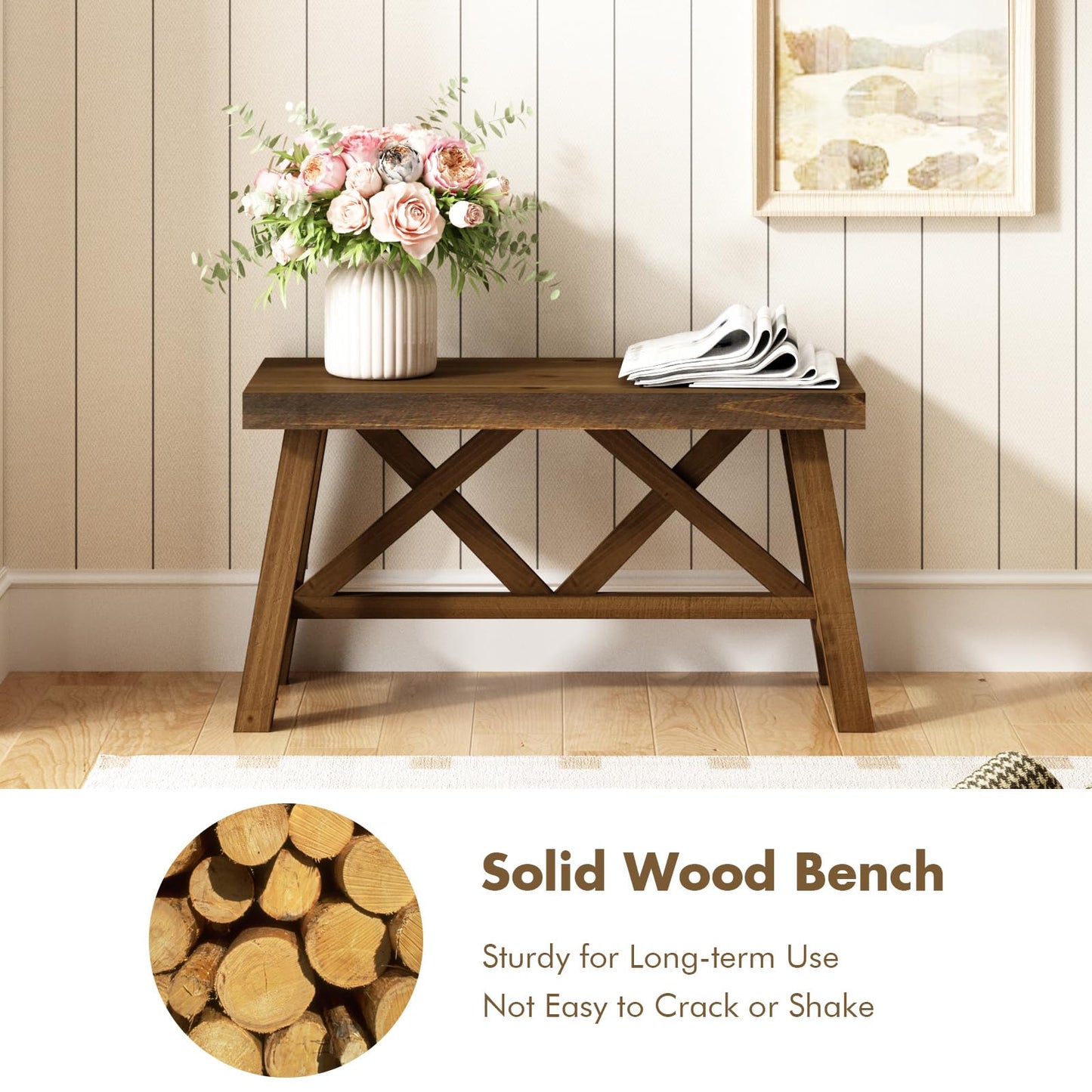 Wnutrees 30" Farmhouse Wood Bench, Rustic Solid Wood Entryway Bench Seat with Double X-Structure for Dining Area Living Room Hallway, Structural Stability, Natural