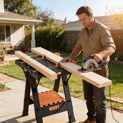 WDOT Work Bench Table 2 in 1 Portable Folding Workbench for Garage Sawhorse 500lbs Mobile Work Table 31" W x 25" D x 32" H with 2 Clamps & 6 Bench Dogs