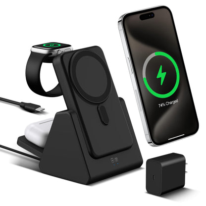 Smtcsl 3-in-1 Wireless Charging Station: Portable 10000mAh Power Bank Charger Compatible for Phone Air/17/16/15/14/13/12 Series and Watch - Detachable Magnetic Charging Stand Black