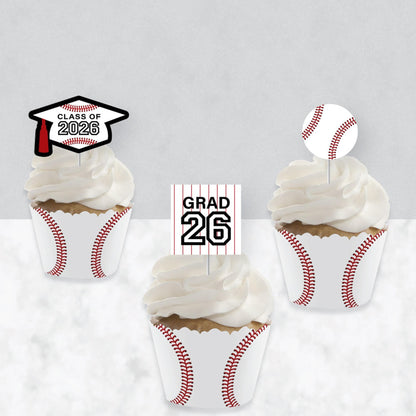 Big Dot of Happiness Grad Baseball - Cupcake Decoration - 2026 Graduation Party Cupcake Wrappers and Treat Picks Kit - Set of 24