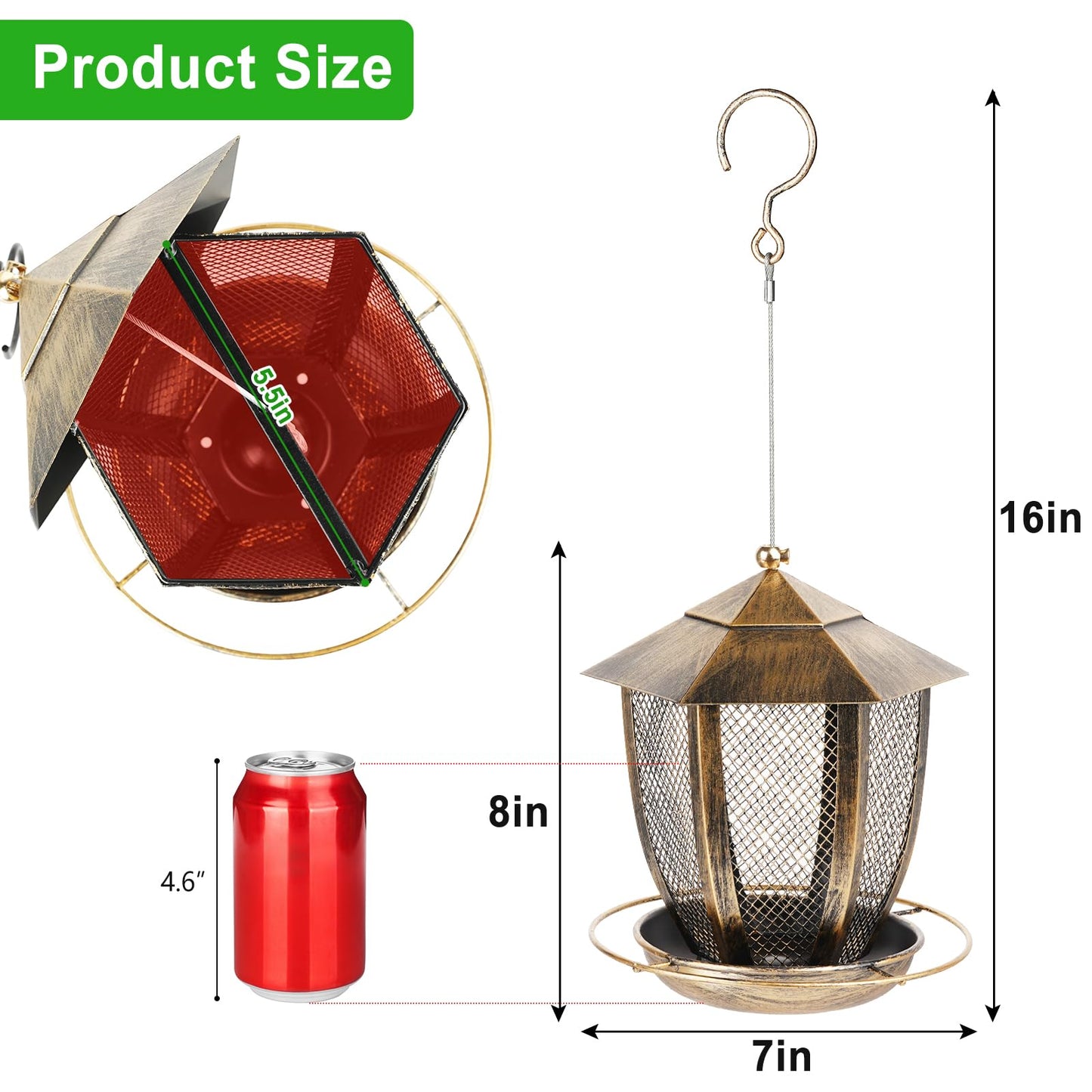LBTING Bird Feeder for Outside, Hexagon Lantern-Shaped Metal Bird Feeder, Wild Bird Feeders for Hanging Outdoor Garden Yard