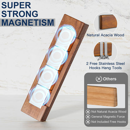 ENOKING 10Inch Magnetic Knife Holder for Refrigerator - Acacia Wood Knife Strip with Exquisite Gold-Foil Gift Box - Compact Knife Bar with 2 Hooks, No Drilling Solution