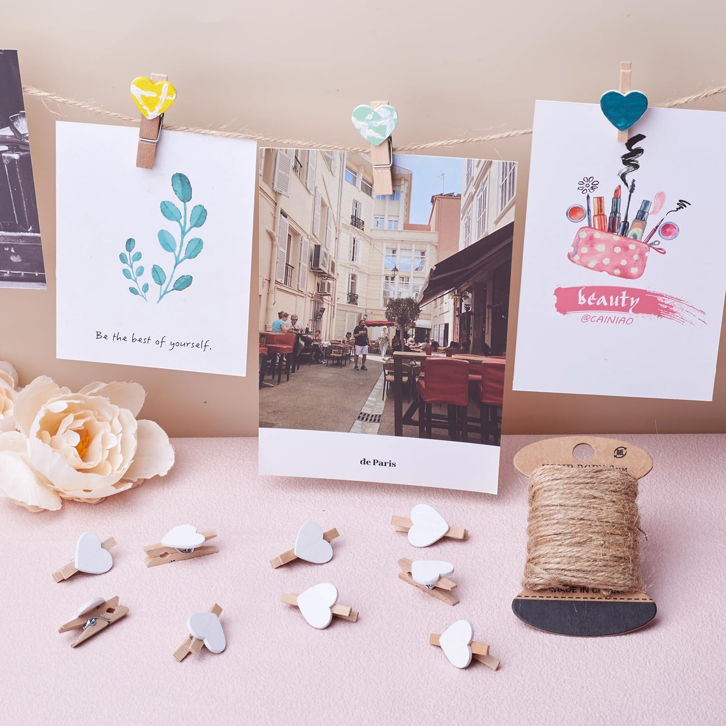 Pandahall 100pcs White Heart Clothespins Wooden Photo Paper Peg Pin Craft Clips with 10.9 Yards Natural Jute Twine for Paper Photo Display Hanging Home Party Wedding Decoration