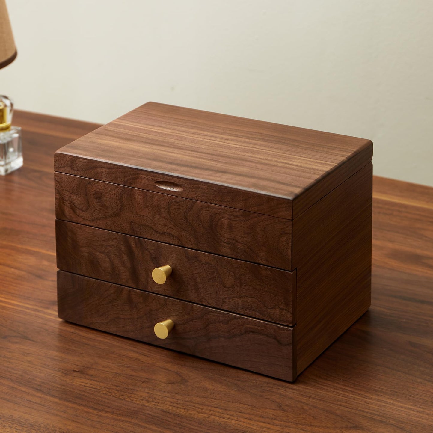 THFLSTR Jewelry Box Organizer for Women & Men, Black Walnut 3 Layer Wooden Jewelry Box with Velvet Lining, Earring & Ring Organizer, Large Capacity Drawer Design for Necklaces, Bracelets (3 layers)