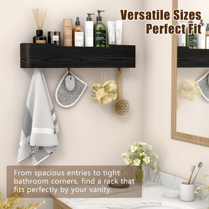 Nevsokio Coat Rack Wall Mount with Hidden Hooks, Wall Hooks with Shelf, Wall Key Holder Mount Wooden Shelf Entryway Hooks for Bedroom Bathroom for Hanging Coats Hats Bags Towels (Black, 5 Hooks)