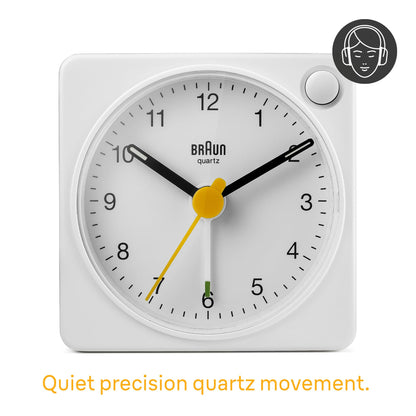 Braun Classic Travel Analogue Alarm Clock with Snooze and Light, Compact Size, Quiet Quartz Movement, Crescendo Beep Alarm in White, Model BC02XW.
