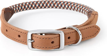 Mile High Life Genuine Leather Dog Collar, Durable Braided Cotton Rope Collar with Metal Pin Buckle for Small Medium Large Dogs (Brown Plaid, L Neck 17"-21")