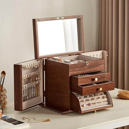 Homruilink Black Walnut Wooden Jewelry Box, Wood Jewelry Organizer with 2 Side Doors Mirror Lockable Classical for Watch Necklace Ring Earring, Fathers Day Gift-4 Layer with Curved Ring Grooves