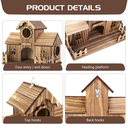 BlueYu Bird Houses for Outside with Fence Platform, 4-Hole Wooden Bird House, One-Piece Spacious Design, Hanging Birdhouse with Dual Hooks, Fits Bluebirds Sparrows Cardinals for Garden Backyard