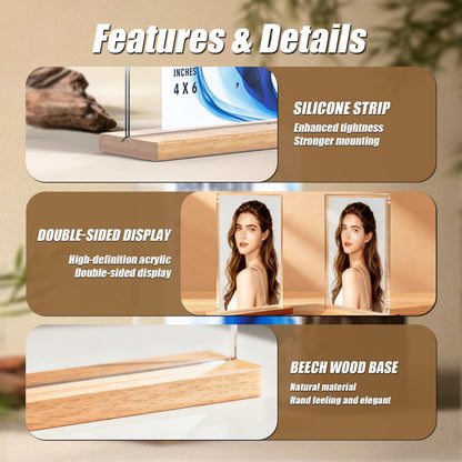 obivioo 4×6 inch Acrylic Table Top Sign Holder with Beech Wood Base – Double-Sided Menu Display Stand, QR Code Frame, Small Table Sign for Restaurant & Wedding(6pack)