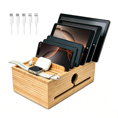 PERFECYEE Bamboo Charging Station Organizer for Multi-Devices with Tray, Nightstand Desk Electronic Organizer Stand for Cell Phone, Tablet, Etc (with 5-Cable, No USB Charger)