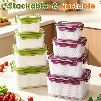 TBMax 8 Pieces Airtight Fruit Storage Containers for Fridge with Air Circulation Vent, 4 Pack Produce Saver with Colander for Berry Lettuce Salad Vegetable Storage, Refrigerator Organizers- Green