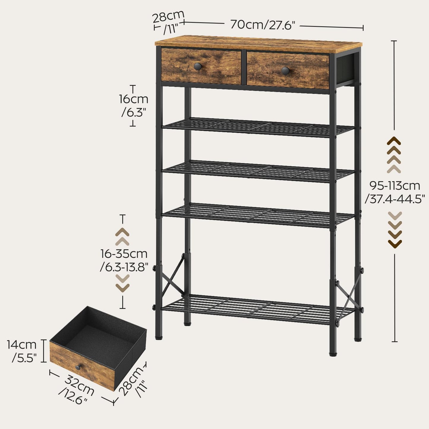 YATINEY 10-Tier Narrow Shoe Rack, Tall Shoe Rack for 10-20 Pairs, Shoe Storage Shelf with 2 Non-Woven Drawers, SS68BC-SS11BR